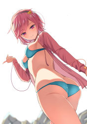 Rule 34 | 1girl, alternate costume, amisu, ass, bikini, breasts, butt crack, cardigan, closed mouth, commentary request, cowboy shot, day, from below, hairband, hand up, heart hairband, highres, index finger raised, jacket, komeiji satori, looking at viewer, looking back, medium breasts, open cardigan, open clothes, open jacket, outdoors, pink eyes, pink hair, pink jacket, pink sweater, short hair, skindentation, sky, smile, solo, sweater, swept bangs, swimsuit, thighs, touhou, twisted torso