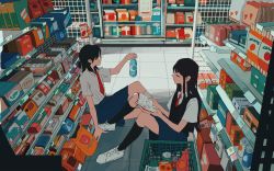 Rule 34 | 2girls, bag of chips, black hair, bottle, can, candy, chocolate, chocolate bar, convenience store, drink can, food, highres, multiple girls, necktie, ngtblan, original, plastic bottle, school uniform, shelf, shoes, shop, shopping basket, sitting, skirt, sneakers, soda can, water bottle, white footwear