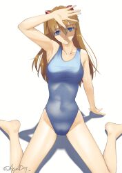 1girl arm_support bad_anatomy bare_arms bare_legs bare_shoulders barefoot blue_eyes blue_one-piece_swimsuit breasts brown_hair covering_face hair_between_eyes highleg highleg_one-piece_swimsuit highres illust_aqua light_smile long_hair looking_at_viewer neon_genesis_evangelion one-piece_swimsuit shiny_skin simple_background sitting solo souryuu_asuka_langley swimsuit thong_one-piece_swimsuit two_side_up white_background wide_hips