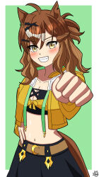 Rule 34 | 1girl, absurdres, ahoge, animal ears, black skirt, breasts, color neko (user yfvc3323), commentary request, crop top, cropped jacket, earrings, grin, hair between eyes, hair ornament, hand on own hip, highres, horse ears, horse girl, horse tail, jacket, jewelry, jungle pocket (umamusume), long sleeves, looking at viewer, medium hair, midriff, navel, signature, simple background, single earring, skirt, small breasts, smile, solo, tail, umamusume, upper body, v-shaped eyebrows, white background, x hair ornament, yellow eyes, yellow jacket