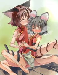 Rule 34 | 2girls, ^ ^, animal ears, bare legs, bare shoulders, barefoot, blush, brown eyes, brown hair, cat ears, cat girl, cat tail, chen, closed eyes, drooling, closed eyes, female focus, grey hair, heart, licking, mouse ears, mouse tail, multiple girls, multiple tails, nazrin, no headwear, no headwear, open mouth, short hair, skirt, sleeveless, smile, tail, tongue, tongue out, touhou, wavy mouth, yohane, yuri