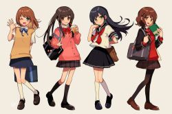 Rule 34 | 4girls, :d, ;d, arisa (aren), arm behind back, bag, black eyes, black footwear, black hair, black jacket, black sailor collar, black skirt, black socks, blazer, blouse, blue eyes, blue ribbon, blush, book, bow, bowtie, brown footwear, brown hair, brown pantyhose, brown skirt, brown sweater vest, buttoned cuffs, buttons, cardigan, closed mouth, collared shirt, commentary, dot nose, drink, drinking straw, full body, green eyes, grey background, grin, hair ornament, hairclip, hand up, heart, holding, holding book, holding drink, holding strap, jacket, kneehighs, long hair, long sleeves, looking at viewer, medium hair, multiple girls, neck ribbon, neckerchief, one eye closed, open book, open clothes, open jacket, open mouth, orange eyes, original, pantyhose, pink cardigan, pink eyes, plaid, plaid skirt, pleated skirt, purple skirt, red bow, red bowtie, red neckerchief, red sweater, ribbon, sailor collar, school bag, shirt, shoes, shoulder bag, signature, simple background, skirt, smile, socks, standing, sticker, striped bow, striped bowtie, striped clothes, sweater, sweater vest, twintails, w, waving, white shirt, white socks