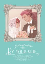 Rule 34 | 1boy, 1girl, absurdres, bouquet, bridal veil, brown hair, character name, couple, cover, cover page, doujin cover, dress, english text, eye contact, flower, guel jeturk, gundam, gundam suisei no majo, hair behind ear, hair bun, hetero, highres, holding, holding bouquet, husband and wife, looking at another, pink hair, ponytail, red eyes, red hair, retnallo3, single hair bun, smile, suletta mercury, veil, wedding dress, white dress