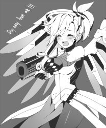 Rule 34 | 1girl, armor, black gloves, blush, bodysuit, breastplate, breasts, cowboy shot, english text, eyebrows, faulds, female focus, flustered, gloves, grey background, greyscale, gun, halo, handgun, hands up, headgear, holding, holding gun, holding weapon, kaoruru (sakuno2911), loincloth, long hair, mechanical halo, mechanical wings, medium breasts, mercy (overwatch), monochrome, open mouth, overwatch, overwatch 1, pantyhose, pelvic curtain, ponytail, simple background, solo, spread wings, teardrop, tearing up, tears, teeth, turtleneck, weapon, wings