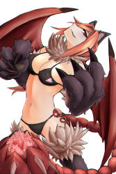 Rule 34 | 1girl, animal ear fluff, animal ears, animal hands, artist request, bat wings, bikini, breasts, claws, cleavage, fur, grin, heart, highres, large breasts, looking at viewer, manticore (monster girl encyclopedia), midriff, monster girl, monster girl encyclopedia, pink hair, purple eyes, smile, solo, swimsuit, tail, thighs, white background, wings