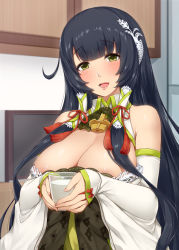 Rule 34 | 10s, 1girl, ahoge, anchor, areola slip, bare shoulders, black hair, blush, breasts, cleavage, cup, cupboard, darkmaya, detached sleeves, fingernails, green eyes, hair ornament, holding, holding cup, indoors, kantai collection, large breasts, lips, long hair, mizuho (kancolle), open mouth, sleeves past wrists, solo, television, upper body