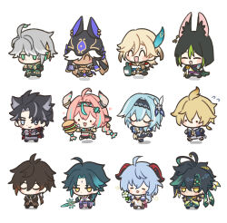 3girls 6+boys ^_^ alhaitham_(genshin_impact) animal_ear_fluff animal_ears animal_hat black_hair black_hat blonde_hair blue_hair blush bottle braid brown_hair chibi closed_eyes commentary_request cyno_(genshin_impact) dark-skinned_male dark_skin earrings eula_(genshin_impact) facial_mark feather_hair_ornament feathers flower flying_sweatdrops food forehead_mark fox_boy fox_ears fox_tail ganyu_(genshin_impact) genshin_impact green_hair grey_hair hair_ornament hairband hat headband holding holding_food holding_weapon horns jewelry kaveh_(genshin_impact) kinich_(genshin_impact) korean_commentary long_hair low_twin_braids mika_(genshin_impact) multicolored_hair multiple_boys multiple_girls pink_hair resso_(resso_oo) simple_background solid_circle_eyes standing streaked_hair tail tighnari_(genshin_impact) twin_braids u_u varesa_(genshin_impact) weapon white_background white_flower white_hair wriothesley_(genshin_impact) xiao_(genshin_impact) zhongli_(genshin_impact)