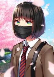 Rule 34 | 1girl, black hair, black mask, black surgical mask, blue eyes, blue sky, bob cut, cherry blossoms, collared shirt, day, diagonal-striped clothes, diagonal-striped necktie, gradient eyes, green eyes, looking at viewer, mask, mouth mask, multicolored eyes, necktie, original, outdoors, red necktie, school uniform, shirt, short hair, sky, solo, striped clothes, surgical mask, uin39, upper body, white shirt, winter uniform