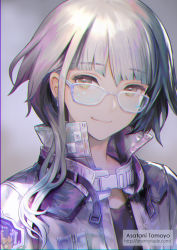Rule 34 | 1boy, androgynous, artist name, asatani tomoyo, asymmetrical bangs, belt, brown eyes, buckle, closed mouth, earrings, glasses, grey background, grey hair, high collar, jewelry, long hair, looking at viewer, male focus, original, popped collar, portrait, sidelocks, smile, snap-fit buckle, solo, watermark, web address, white-framed eyewear