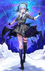 Rule 34 | 1girl, absurdres, blue choker, blue hair, choker, crown, dress, gloves, grey headwear, highres, hololive, hoshimachi suisei, hoshimachi suisei (1st costume), jacket, microphone, mini crown, partially fingerless gloves, plaid, plaid dress, plaid jacket, single thighhigh, sky, star (sky), star (symbol), star bracelet, star choker, star in eye, starry sky, symbol in eye, thighhighs, thighs, virtual youtuber, yellow takano