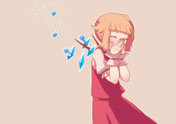 Rule 34 | 1girl, blonde hair, brown background, closed eyes, facing away, flandre scarlet, highres, nail polish, red nails, short hair, short ponytail, short sleeves, side ponytail, simple background, solo, touhou, yoruny