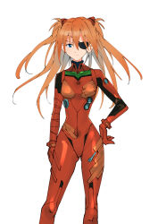 Rule 34 | 1girl, absurdres, algvpl7y5gvzzci, alternate hairstyle, blue eyes, bodysuit, breasts, brown hair, closed mouth, expressionless, eyepatch, female focus, gloves, hair between eyes, hand on own hip, headgear, highres, long hair, neon genesis evangelion, pilot suit, plugsuit, rebuild of evangelion, red bodysuit, red lips, shiny clothes, small breasts, solo, souryuu asuka langley, twintails, two side up, white background