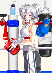 Rule 34 | 1girl, bottle, boxing, boxing gloves, boxing headgear, boxing ring, boxing shorts, gloves, kantai collection, kashima (kancolle), long hair, navel, punching bag, rigid, rigidsteed, shorts, solo, sports bra, sweat, twintails, water bottle, wavy hair