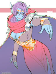 Rule 34 | 1girl, absurdres, armor, blue skin, breasts, brown eyes, cape, character name, circlet, cleavage, colored skin, commission, dark elf, elf, fingerless gloves, gloves, highres, large breasts, looking at viewer, mishaela, pointy ears, purple hair, red cape, rejean dubois, sega, shining (series), shining force i, simple background, smile, solo, twitter username