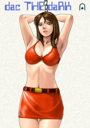 Rule 34 | 1girl, armpits, arms up, streets of rage, bdsm, blaze fielding, brown eyes, brown hair, chain, dac the dark, game cg, looking at viewer, miniskirt, sega, simple background, skirt, solo, tank top, youjinbow