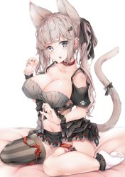 Rule 34 | 1girl, absurdres, animal ears, black eyes, blunt bangs, bow, breasts, brown hair, cat day, cat ears, cat tail, cleavage, collar, collarbone, ear piercing, earrings, extra ears, fang, highres, hyouta (yoneya), jewelry, large breasts, long hair, looking at viewer, microskirt, navel, open mouth, original, piercing, remote control vibrator, sex toy, single thighhigh, sitting, skirt, solo, tail, tail bow, tail ornament, thigh strap, thighhighs, twintails, vibrator, vibrator under clothes, wariza, white background, wrist cuffs