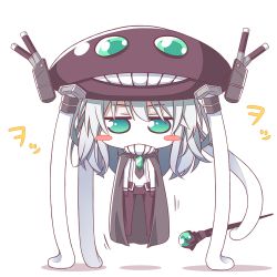 Rule 34 | 10s, 1girl, abyssal ship, blue eyes, bodysuit, cape, chibi, double v, gloves, kantai collection, kousa (black tea), long hair, md5 mismatch, pale skin, personification, silver hair, solo, v, wo-class aircraft carrier
