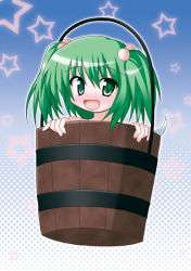 Rule 34 | 1girl, blush, bucket, female focus, green eyes, green hair, hair bobbles, hair ornament, in bucket, in container, kisume, matching hair/eyes, narumi aoi, open mouth, solo, star (symbol), touhou, twintails