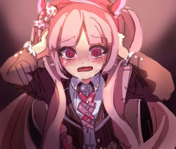 Rule 34 | 1girl, black background, black jacket, blush, bow, child, collared shirt, crying, danganronpa (series), danganronpa another episode: ultra despair girls, fake horns, female focus, gradient background, hairband, hands on own head, headband, highres, horned headwear, horns, jacket, long hair, long sleeved jacket, long sleeves, looking at viewer, matching hair/eyes, multicolored background, open mouth, pink eyes, pink hair, pink hairband, pink headband, pink headwear, pink horns, polka dot, polka dot bow, shirt, simple background, solo, tears, tongue, twintails, utsugi kotoko, white shirt