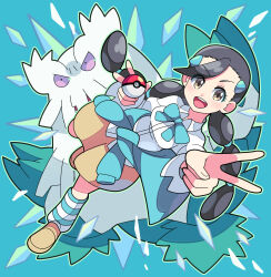 Rule 34 | 1girl, :d, abomasnow, arm up, black hair, breasts, brown eyes, brown footwear, brown skirt, candice (pokemon), clothes around waist, collared shirt, commentary request, creatures (company), game freak, gen 4 pokemon, green background, hair ornament, hairclip, highres, holding, holding poke ball, kneehighs, medium breasts, multi-tied hair, nintendo, open mouth, poke ball, poke ball (basic), pokemon, pokemon (creature), pokemon dppt, shirt, shoes, skirt, smile, socks, sutokame, sweater, sweater around waist, teeth, tongue, twintails, upper teeth only, v, white shirt
