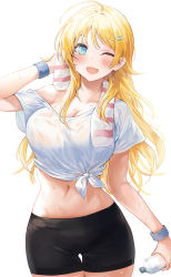 Rule 34 | 1girl, ;d, ahoge, alternate hairstyle, aqua eyes, arm up, bike shorts, blonde hair, bottle, breasts, cleavage, collarbone, commentary request, cowboy shot, gluteal fold, hachimiya meguru, hair down, hair ornament, hairclip, highres, holding, holding bottle, idolmaster, idolmaster shiny colors, large breasts, long hair, looking at viewer, midriff, navel, off shoulder, one eye closed, open mouth, ribbon, shirt, short sleeves, sidelocks, simple background, single bare shoulder, smile, solo, stomach, sweat, sweatband, tied shirt, towel, towel around neck, white background, white ribbon, white shirt, yuki (asayuki101)
