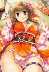 Rule 34 | 1girl, absurdres, blush, breasts, brown eyes, brown hair, cleavage, comic penguin club, detached sleeves, floral print, hagoita, hair ornament, hanetsuki, highres, indoors, japanese clothes, kimono, large breasts, long hair, looking at viewer, lying, medium breasts, obi, on back, open mouth, original, paddle, sash, scan, smile, solo, thigh strap, wide sleeves, yan-yam