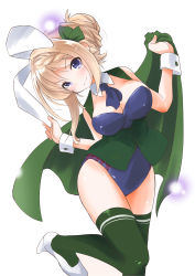 Rule 34 | 1girl, absurdres, adapted costume, animal ears, blonde hair, blue leotard, blush, braid, breasts, buttons, cape, fake animal ears, green cape, green thighhighs, green vest, high heels, highres, kantai collection, large breasts, leotard, one-hour drawing challenge, perth (kancolle), playboy bunny, purple eyes, rabbit ears, short hair, simple background, solo, taisinkoku, thighhighs, vest, white background, white footwear