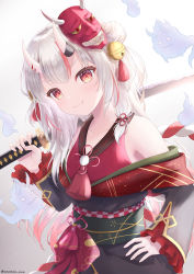 Rule 34 | 1girl, amemiko rain, bell, black kimono, closed mouth, commentary, double bun, fang, fang out, frilled sleeves, frills, gradient hair, hair bell, hair bun, hair ornament, hand on own hip, highres, holding, holding sword, holding weapon, hololive, horns, japanese clothes, jingle bell, karma (nakiri ayame), katana, kimono, long hair, long sleeves, looking at viewer, mask, mask on head, multicolored hair, nakiri ayame, nakiri ayame (1st costume), obi, oni, oni mask, over shoulder, red eyes, red hair, sash, shiranui (nakiri ayame), silver hair, skin-covered horns, skin fang, smile, solo, streaked hair, sword, tassel, twitter username, very long hair, virtual youtuber, weapon, weapon over shoulder