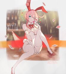 Rule 34 | 1girl, animal ears, aqua eyes, breasts, card, cleavage, elbow gloves, elphelt valentine, garter straps, gloves, guilty gear, high heels, highres, knee up, large breasts, legs, leotard, one eye closed, pink hair, playboy bunny, playing card, rabbit ears, short hair, smile, solo, thighhighs, white gloves, white leotard, white thighhighs, youmicitrustea