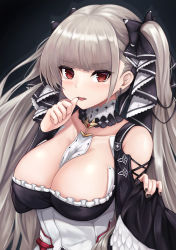 Rule 34 | 1girl, absurdres, azur lane, bare shoulders, black background, black bow, black nails, bow, breasts, cleavage, collarbone, commentary request, detached collar, dress, earrings, fangs, formidable (azur lane), frilled dress, frills, hair bow, hand up, highres, jewelry, large breasts, long hair, looking at viewer, nail polish, parted lips, red eyes, ryara, sidelocks, silver hair, solo, upper body