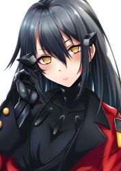 Rule 34 | 1girl, black hair, blush, borrowed clothes, breasts, collarbone, dandelion (girls&#039; frontline), expressionless, girls&#039; frontline, griffin &amp; kryuger military uniform, highres, long hair, looking at viewer, paradeus, solo, xlscaler, yellow eyes