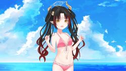 Rule 34 | 1girl, beach, belly, bikini, black hair, commission, eyebrows, halo, highres, horns, idol corp, lily sin, long hair, multicolored hair, navel, nose, open mouth, pink bikini, pointy ears, ribbon, swimsuit, thighs, virtual youtuber, wallpaper, water, yellow eyes