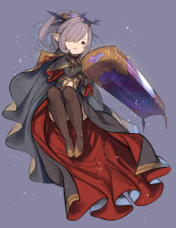 Rule 34 | 10s, 1girl, :o, bad id, bad pixiv id, black gloves, blunt bangs, brown eyes, brown thighhighs, cape, coffin, convenient leg, full body, gloves, granblue fantasy, hair over one eye, half updo, hanarito, harvin, highres, looking at viewer, niyon (granblue fantasy), parted lips, pointy ears, ponytail, purple background, purple hair, simple background, solo, thighhighs, thighs, tsurime