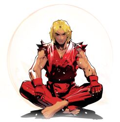 Rule 34 | 1boy, bare shoulders, barefoot, blonde hair, closed mouth, cofffee, collarbone, dougi, fingerless gloves, full body, gloves, indian style, ken masters, looking at viewer, male focus, medium hair, muscular, muscular male, pants, red gloves, red pants, red shirt, shirt, sitting, solo, street fighter, torn clothes, torn sleeves, white background