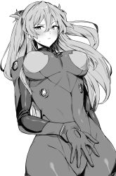 Rule 34 | 1girl, absurdres, alternate breast size, blush, bodysuit, breasts, closed mouth, greyscale, hair between eyes, highres, hotate-chan, large breasts, long hair, looking at viewer, monochrome, neon genesis evangelion, plugsuit, simple background, solo, souryuu asuka langley, white background