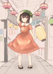 Rule 34 | 1girl, absurdres, animal ears, bad id, bad pixiv id, brown hair, carrot print, dress, food print, green hat, hand on headwear, hand up, hat, highres, inaba tewi, lantern, looking at viewer, orange dress, pantyhose, paper lantern, parted lips, rabbit ears, red eyes, shoes, short hair, short sleeves, solo, touhou, tsukiori, white pantyhose