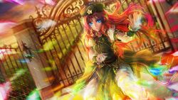 Rule 34 | &gt;:o, 1girl, :o, beret, blue eyes, chinese clothes, dutch angle, energy, fence, fighting stance, floating hair, freeze-ex, gate, glowing, green skirt, hat, hong meiling, ironwork, light particles, long hair, looking at viewer, outdoors, pants, red hair, sash, short sleeves, side slit, skirt, skirt set, solo, star (symbol), touhou, v-shaped eyebrows, wrist cuffs