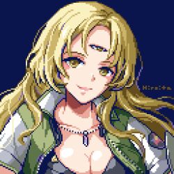 Rule 34 | 1girl, black shirt, blue background, breasts, brown eyes, brown hair, cleavage, closed mouth, collarbone, green jacket, hiroita, jacket, jewelry, large breasts, long hair, looking at viewer, lowres, necklace, opera vectra, pixel art, shirt, simple background, smile, solo, star ocean, star ocean the second story, third eye