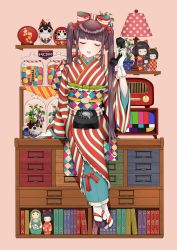 Rule 34 | 1girl, antique phone, arm at side, beige background, blunt bangs, book, bookshelf, bow, brown hair, candy, chest of drawers, closed eyes, commentary request, daruma doll, facing viewer, food, full body, gloves, hair bobbles, hair bow, hair ornament, hand up, holding, holding phone, indoors, inu-hariko, japanese clothes, jar, kimono, kokeshi, lamp, legs together, long hair, long sleeves, matryoshka doll, obi, obiage, obijime, okobo, open mouth, original, phone, plant, potted plant, radio, red bow, rotary phone, sandals, sash, sidelocks, sitting, smile, solo, striped clothes, striped kimono, tabi, television, test card, twintails, usamochi., vertical-striped clothes, vertical-striped kimono, very long hair, white gloves, wide sleeves