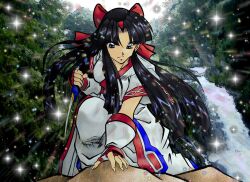 Rule 34 | 1girl, ainu clothes, arm support, black hair, blue eyes, breasts, fingerless gloves, gloves, glowing, hair ribbon, kneeling, legs, long hair, looking at viewer, nakoruru, pants, ribbon, samurai spirits, small breasts, smile, snk, solo, the king of fighters, thighs, weapon