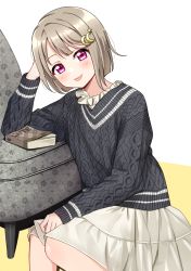 Rule 34 | 1girl, :p, black sweater, blush, book, crescent, crescent hair ornament, deadnooodles, elbow rest, floral print, frilled shirt collar, frills, grey hair, hair ornament, hand on lap, highres, leaning, long sleeves, love live!, love live! nijigasaki high school idol club, love live! school idol festival all stars, nakasu kasumi, purple eyes, short hair, sitting, skirt, solo, star (symbol), star hair ornament, sweater, tongue, tongue out, two-tone bra, white background, white skirt, yellow background
