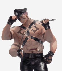 Rule 34 | 1boy, abs, arm tattoo, bara, belt, black belt, black gloves, black headwear, black nails, chest tattoo, cigarette, colored skin, earrings, extra arms, facial tattoo, fingerless gloves, gloves, harness, holding, holding whip, innaillus, jewelry, jujutsu kaisen, leather, leather gloves, leather pants, male focus, male pubic hair, mask, mature male, muscular, muscular male, naughty face, neck tattoo, nipples, pants, pectorals, pink hair, pubic hair, red eyes, ryoumen sukuna (jujutsu kaisen), ryoumen sukuna (true form) (jujutsu kaisen), sharp teeth, shoulder tattoo, simple background, stud earrings, tattoo, teeth, thick arms, veins, whip, white background