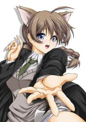 Rule 34 | 1girl, ahoge, animal ears, blue eyes, braid, brown hair, cat ears, lynette bishop, necktie, open mouth, outstretched hand, ponytail, roura, single braid, solo, strike witches, sweater, world witches series
