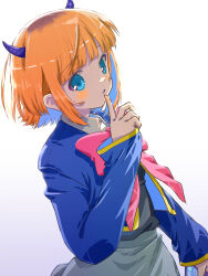 Rule 34 | 1girl, akayama yukihe, blue eyes, blue shirt, blunt bangs, blush, bow, cellphone, commentary request, demon horns, fake horns, grey skirt, highres, holding, holding phone, horns, index finger raised, looking at viewer, mem-cho, multicolored hair, open mouth, orange hair, oshi no ko, phone, pink bow, pink ribbon, ribbon, roots (hair), shirt, short hair, sidelocks, simple background, skirt, sleeves past wrists, smartphone, solo, standing, white background