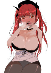 Rule 34 | 1girl, absurdres, areola slip, azur lane, bad id, bad pixiv id, black bra, blush, bra, breasts, choker, cleavage, commentary request, covering own mouth, cum, cum on body, cum on breasts, cum on upper body, hair ribbon, hand over own mouth, highres, honolulu (azur lane), korean commentary, lace, lace-trimmed bra, lace trim, large breasts, long hair, looking at viewer, open mouth, panties, panties under pantyhose, pantyhose, red eyes, red hair, reva (seung-kwon lee), ribbon, simple background, twintails, underwear, white background