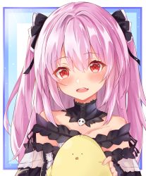 Rule 34 | 1girl, absurdres, bare shoulders, bird, blush, bow, chick, earrings, fang, hair ornament, highres, hololive, jewelry, long hair, looking at viewer, nono i831, open mouth, pink hair, red eyes, sidelocks, simple background, skull, skull earrings, solo, teeth, upper teeth only, uruha rushia, uruha rushia (3rd costume), virtual youtuber
