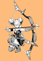 Rule 34 | 1girl, armor, arrow (projectile), bare shoulders, belt, bow (weapon), breastplate, closed mouth, double bun, greaves, greyscale with colored background, hair between eyes, hair bun, hare (yamihuji), hatching (texture), highres, holding, holding bow (weapon), holding weapon, light smile, long hair, monochrome, on one knee, orange background, original, quiver, scarf, simple background, smile, solo, weapon