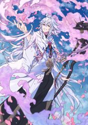 Rule 34 | 1boy, ahoge, bishounen, fate/grand order, fate (series), fingernails, flower knot, grin, hair between eyes, highres, holding, holding staff, hooded robe, hua (supa jopa), long hair, long sleeves, magic, male focus, merlin (fate), petals, ribbon, robe, smile, solo, staff, twitter username, very long hair, white hair, white robe, wide sleeves