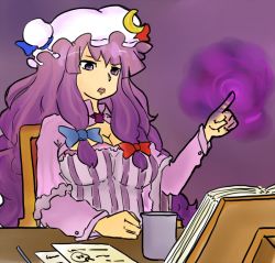 Rule 34 | 1girl, book, bow, breasts, cleavage, crescent, cup, female focus, hair bow, hat, index finger raised, large breasts, latenight, long hair, magic, nightgown, notes, open book, patchouli knowledge, purple eyes, purple hair, reading, sidelocks, sitting, solo, touhou, very long hair