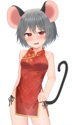 Rule 34 | 1girl, absurdres, alternate costume, animal ears, black panties, blush, breasts, china dress, chinese clothes, commentary request, contrapposto, cowboy shot, dakuazu, dress, grey hair, highres, looking at viewer, medium breasts, mouse ears, mouse girl, mouse tail, nazrin, open mouth, panties, red dress, red eyes, see-through, see-through dress, short hair, side-tie panties, simple background, sleeveless, sleeveless dress, solo, tail, touhou, underwear, white background